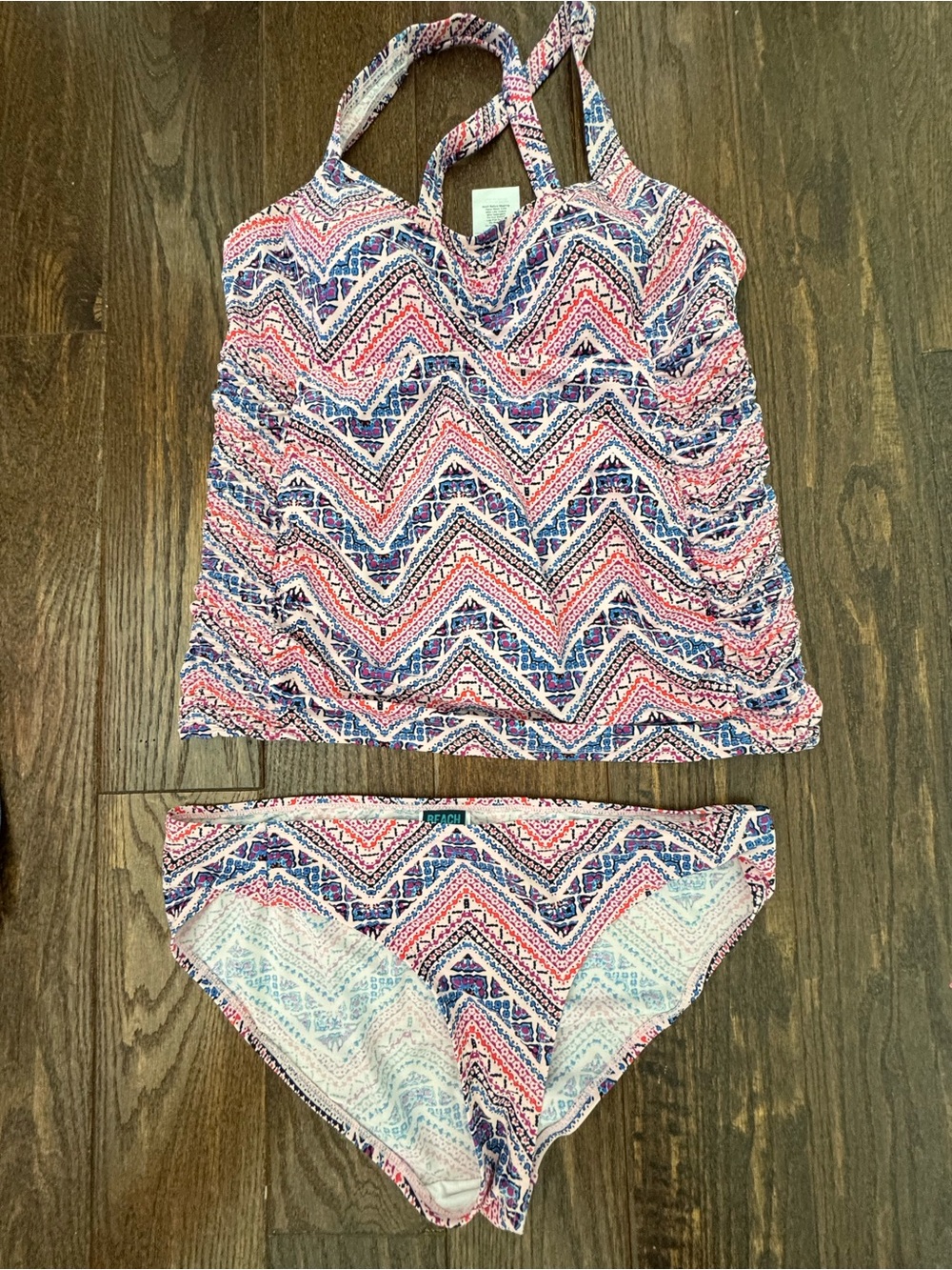 Motherhood Maternity Tankini Pink & Blue Chevron